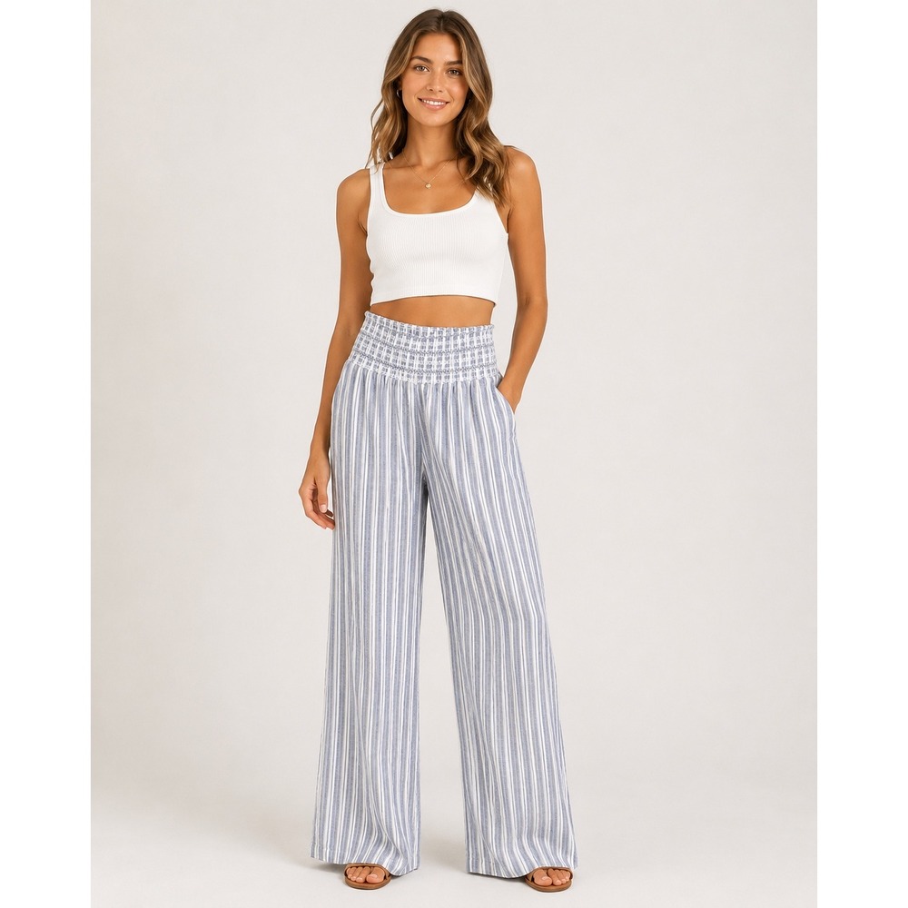 Rewash Wide Leg Linen Blend Pants XS Blue White Striped Smocked Coastal NWT